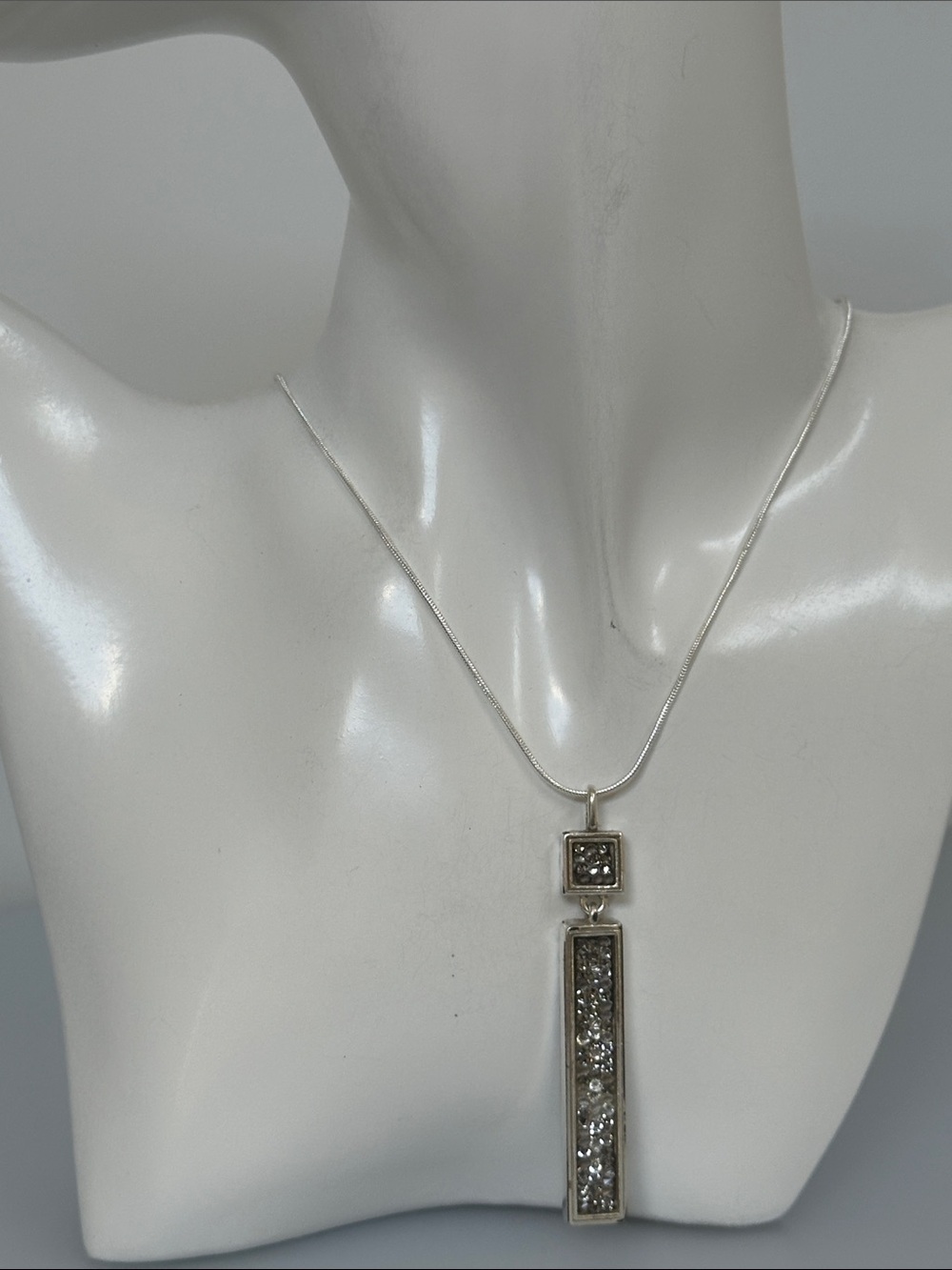 Sterling Silver Rectangular Crystal Drop Necklace - Silver​